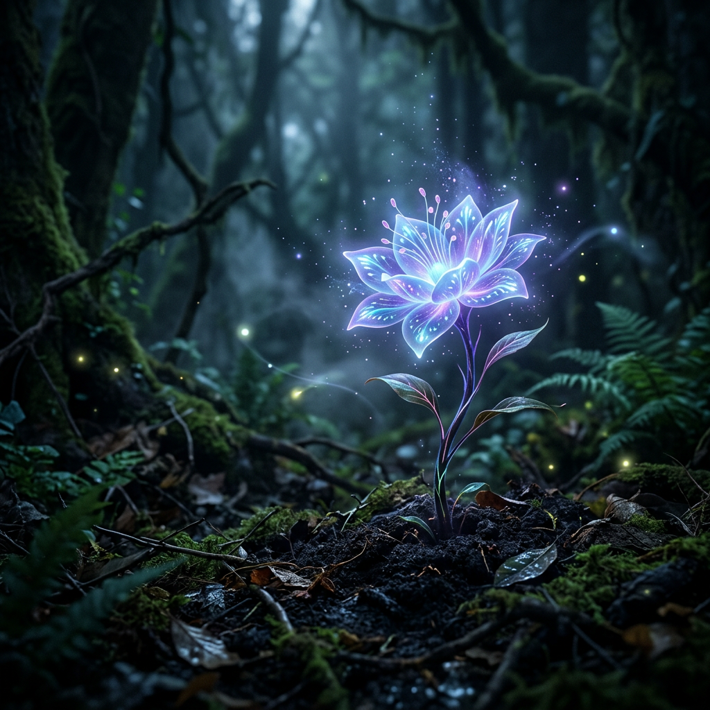 Glowing blue-violet flower surrounded by sparkles in a dark forest